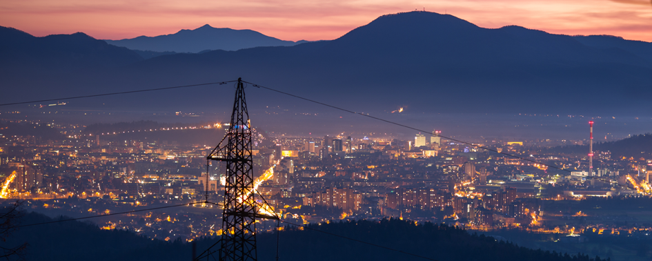 A city at dusk.