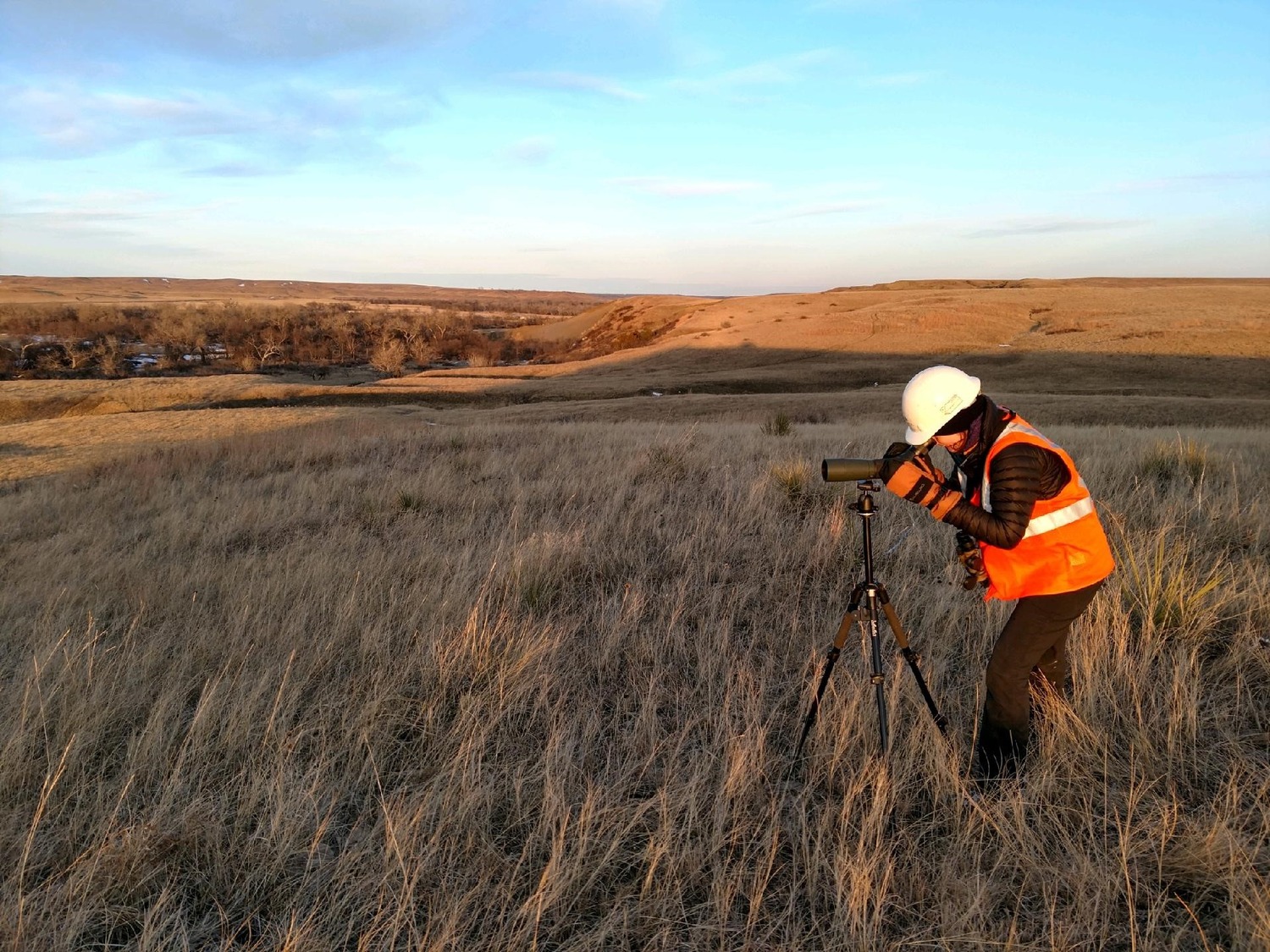 A person in a vest looking through a scope in a field.