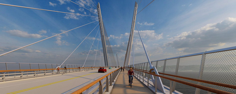 A wide pedestrian bridge with intricate white cables under a blue sky, featuring people walking and biking.