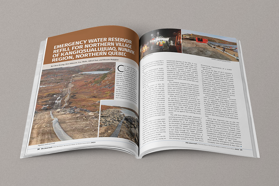 Open magazine featuring an article about an emergency water reservoir in northern quebec with images and extensive text.