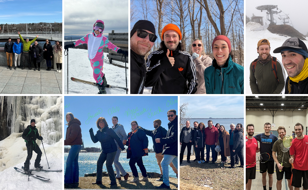 Un collage de huit photos représentant divers groupes de personnes pratiquant des activités de plein air dans différents contextes, comme le ski, la randonnée et se tenant ensemble, mettant probablement en valeur des moments de camaraderie et d'aventure.