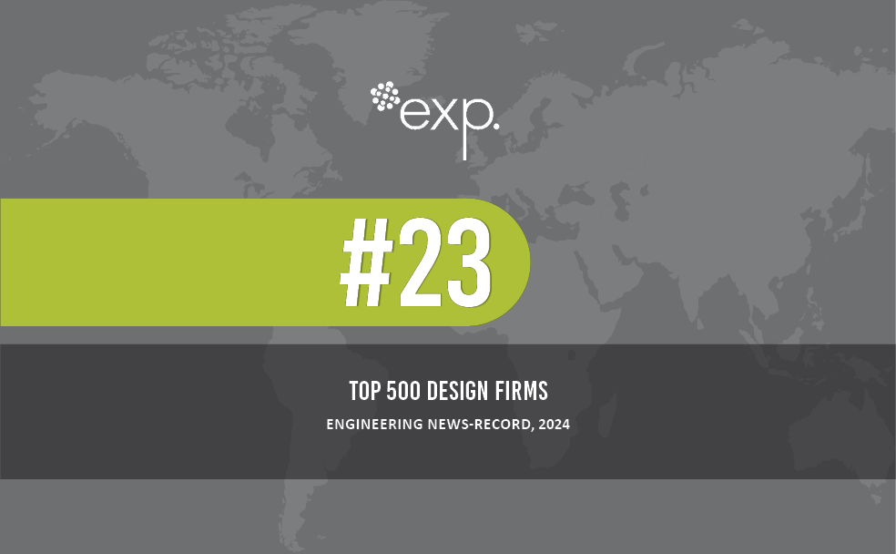 Graphic ranking exp as number 23 on the Engineering News-Record Top 500 Design Firms for 2024, with a world map backdrop.