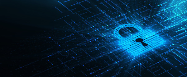 A glowing blue padlock icon is surrounded by a digital, circuit-like design on a dark background, symbolizing cybersecurity or data protection.