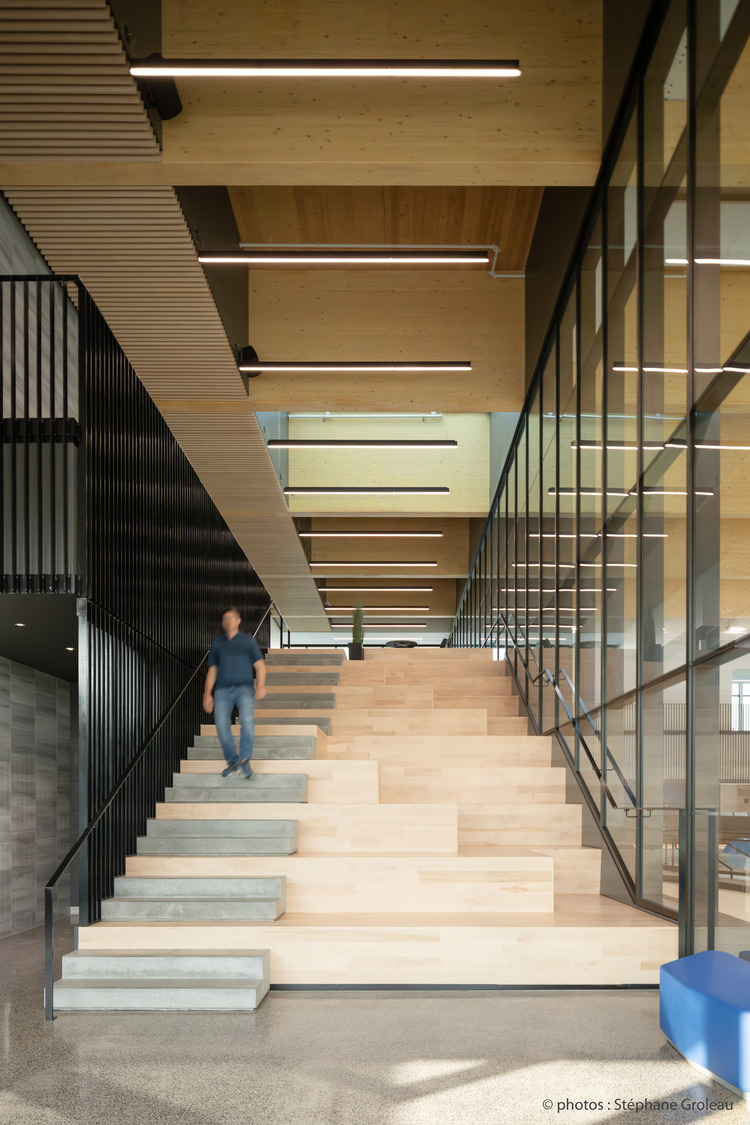 A person in a blue shirt walks down a modern staircase with wooden steps and metal railings inside a building with glass walls, high ceilings, and linear light fixtures.
