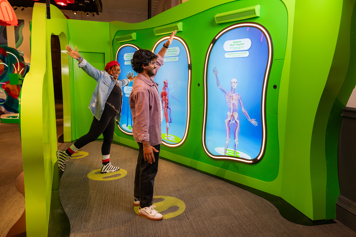 Two people stand in front of interactive screens displaying human anatomy, mimicking poses shown on the digital displays in a brightly lit exhibit.