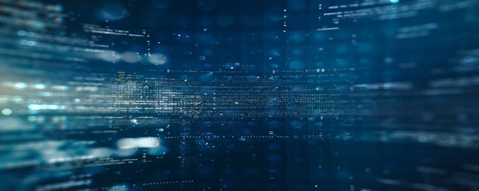 Abstract digital background with blue tones, featuring lines and dots representing data, code, or network connections, creating a sense of depth and technological complexity.