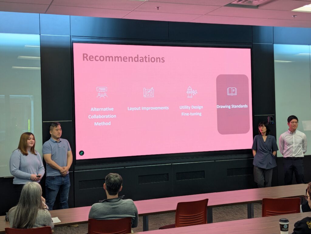 Four people stand at the front of a room presenting recommendations—including collaboration, layout, utility design, and drawing standards—on a screen to an audience at the SAIT Connector Lab.