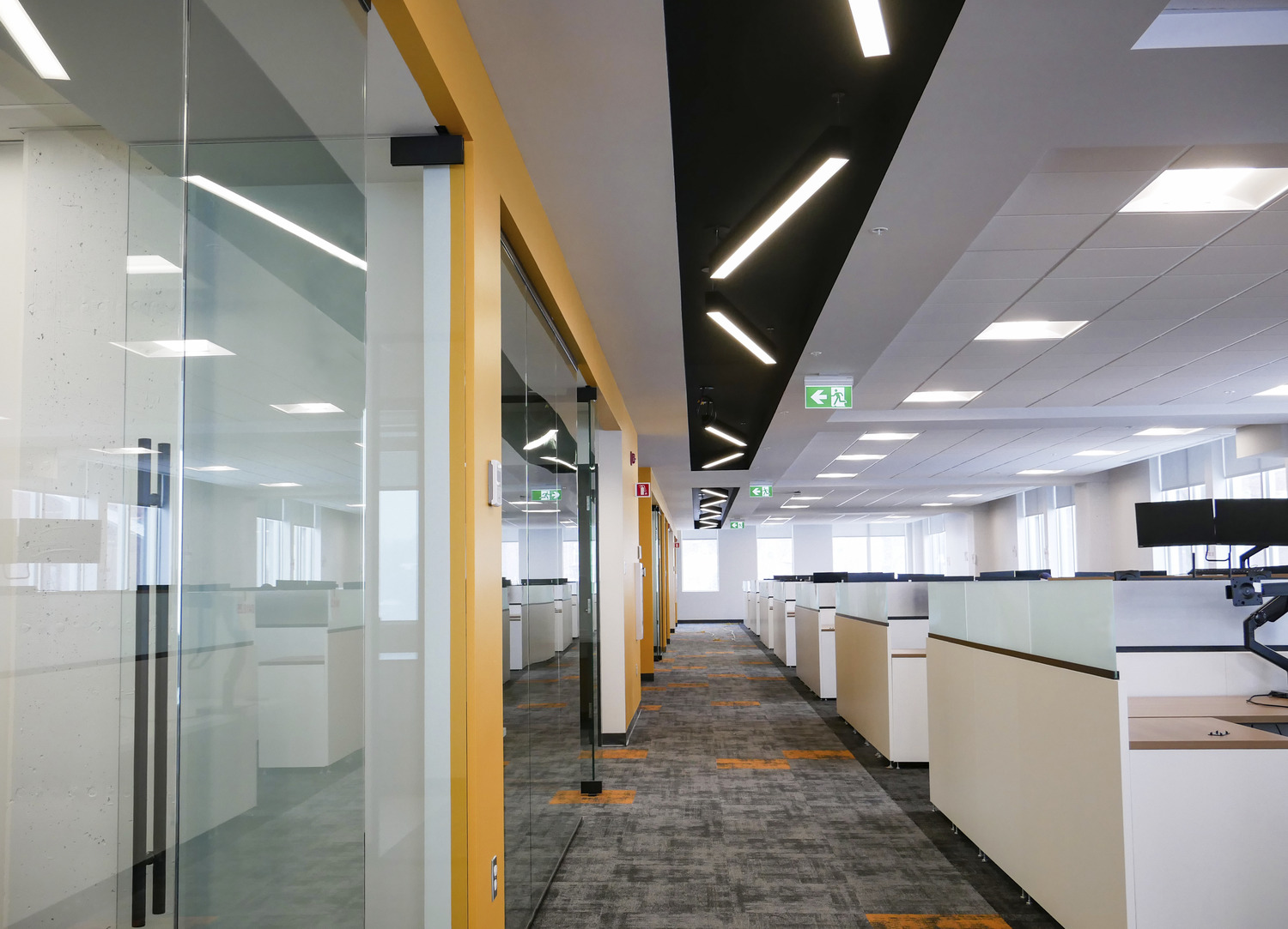 Modern office interior with glass-walled meeting rooms on the left and rows of cubicles on the right; fluorescent ceiling lights illuminate the space.