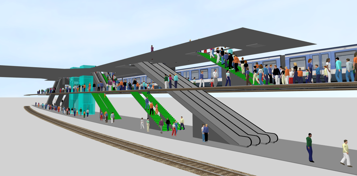 Rendu numérique d'une gare ferroviaire à deux niveaux très fréquentée, avec des escaliers roulants, des escaliers, des ascenseurs et un train sur le quai supérieur. On voit de nombreuses personnes se déplacer dans la gare.