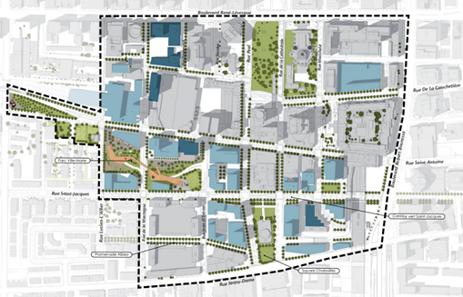 Un plan de ville montrant une zone urbaine planifiée avec des rues, des bâtiments en bleu, des espaces verts et une ligne de démarcation en pointillés délimitant la zone du projet.