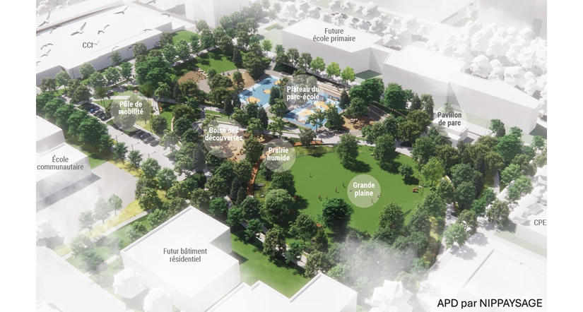 Vue aérienne d'un parc planifié avec des zones étiquetées comprenant une aire de jeux, une zone humide, un champ ouvert, un pavillon, une école communautaire et de futurs bâtiments, entourés d'arbres et de structures proches.