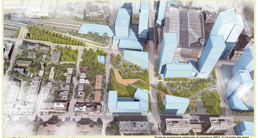 Rendu aérien d'un plan d'aménagement urbain montrant de nouveaux bâtiments, des espaces verts, des chemins et des rues intégrés dans un quartier existant de la ville.