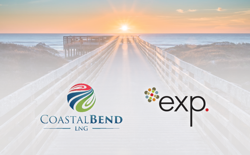 A wooden boardwalk leads to the beach at sunset, with the Coastal Bend LNG and exp. company logos overlaid in the foreground, highlighting Coastal Bend LNG’s presence along this scenic coastline.