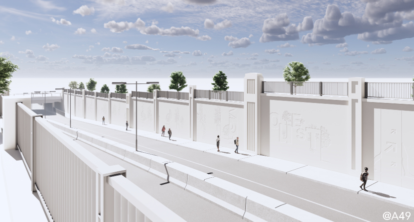 Rendu d'un passage souterrain moderne, blanc, avec des piétons marchant sur de larges trottoirs et des arbres plantés au sommet des murs de soutènement, sous un ciel partiellement nuageux.