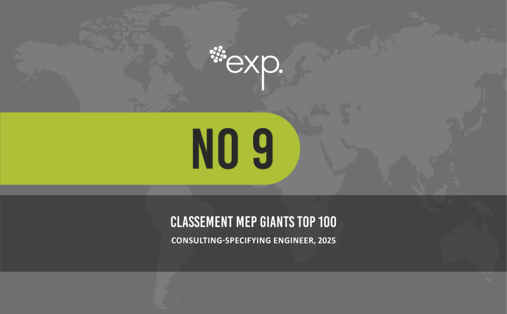 Un graphique gris sur fond de carte du monde montre qu'exp est classée n° 9 dans le MEP Giants Top 100 by Consulting-Specifying Engineer pour 2025.