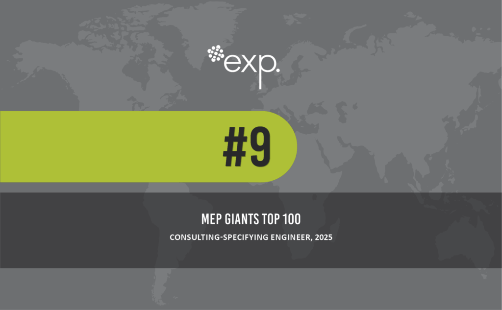 A graphic shows "exp." ranked #9 on the MEP Giants 2025 Top 100 list by Consulting-Specifying Engineer, with a world map in the background.