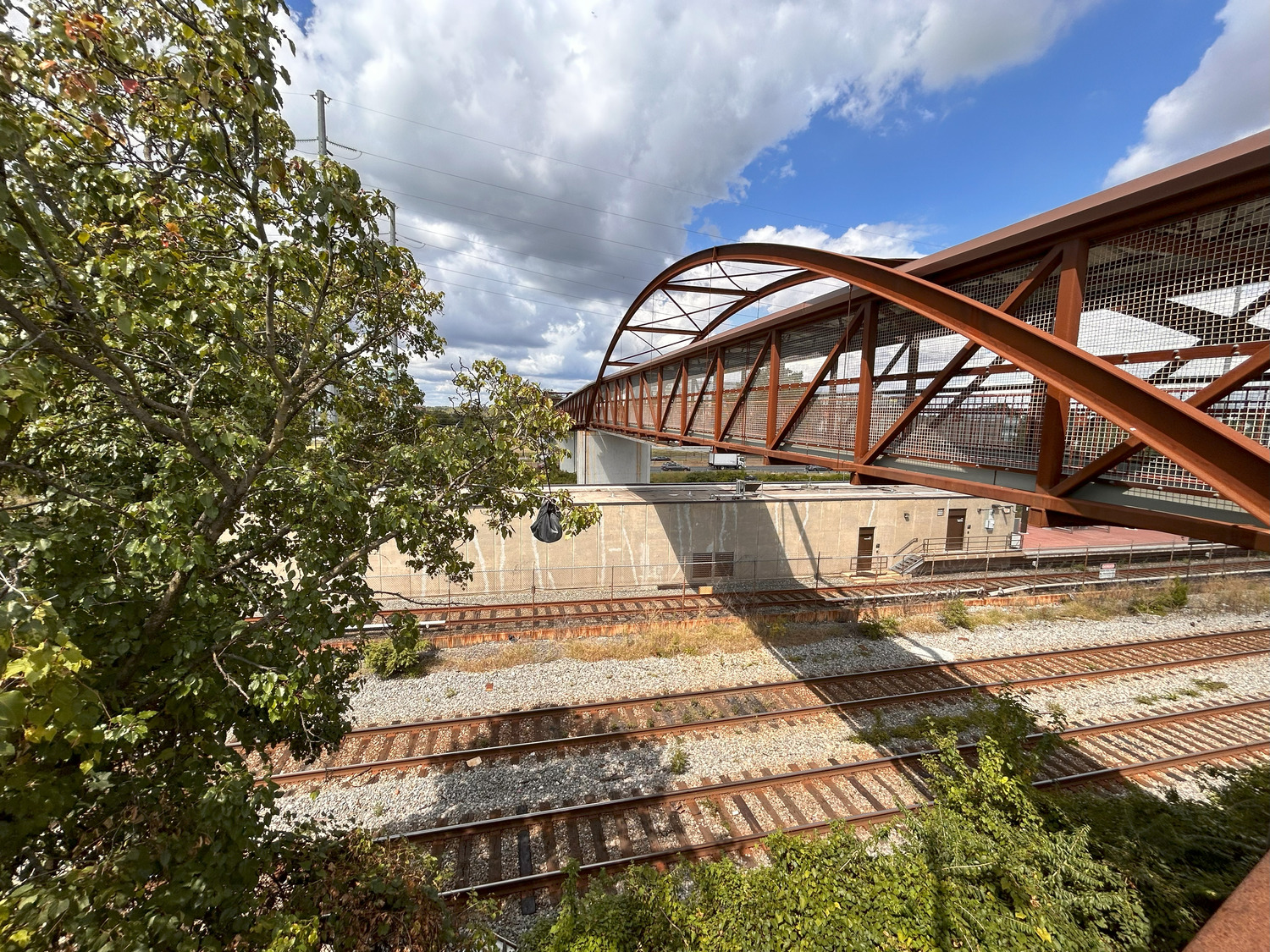 View of a modern arched pedestrian bridge crossing above railroad tracks, with trees and greenery in the foreground and a partly cloudy sky overhead.