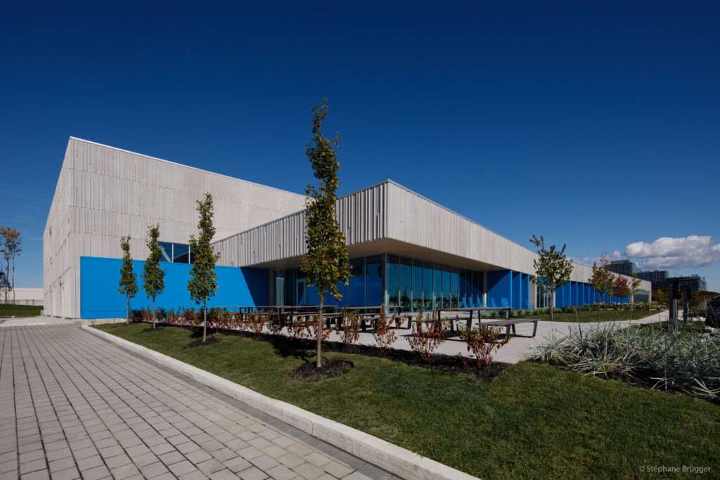 A modern, angular building with light-colored walls and blue accents, surrounded by young trees, shrubs, and a paved walkway under a clear blue sky.