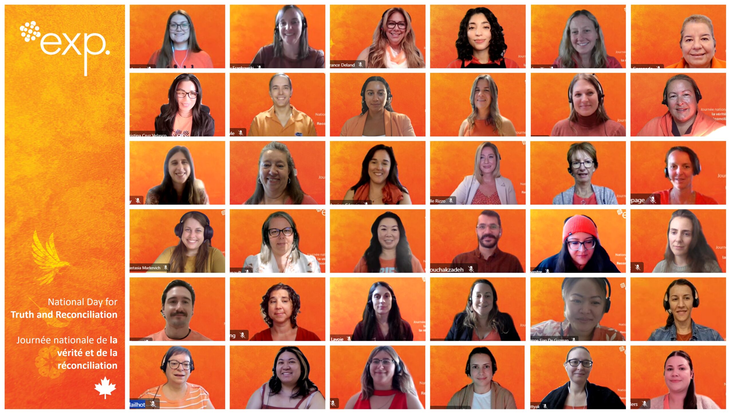 A group of 35 people wearing orange shirts pose in a virtual meeting to recognize National Day for Truth and Reconciliation. The background features the exp. logo and event text.