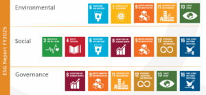 Table showing Environmental, Social, and Governance categories with corresponding UN Sustainable Development Goals icons and numbers for an ESG Report FY2025.
