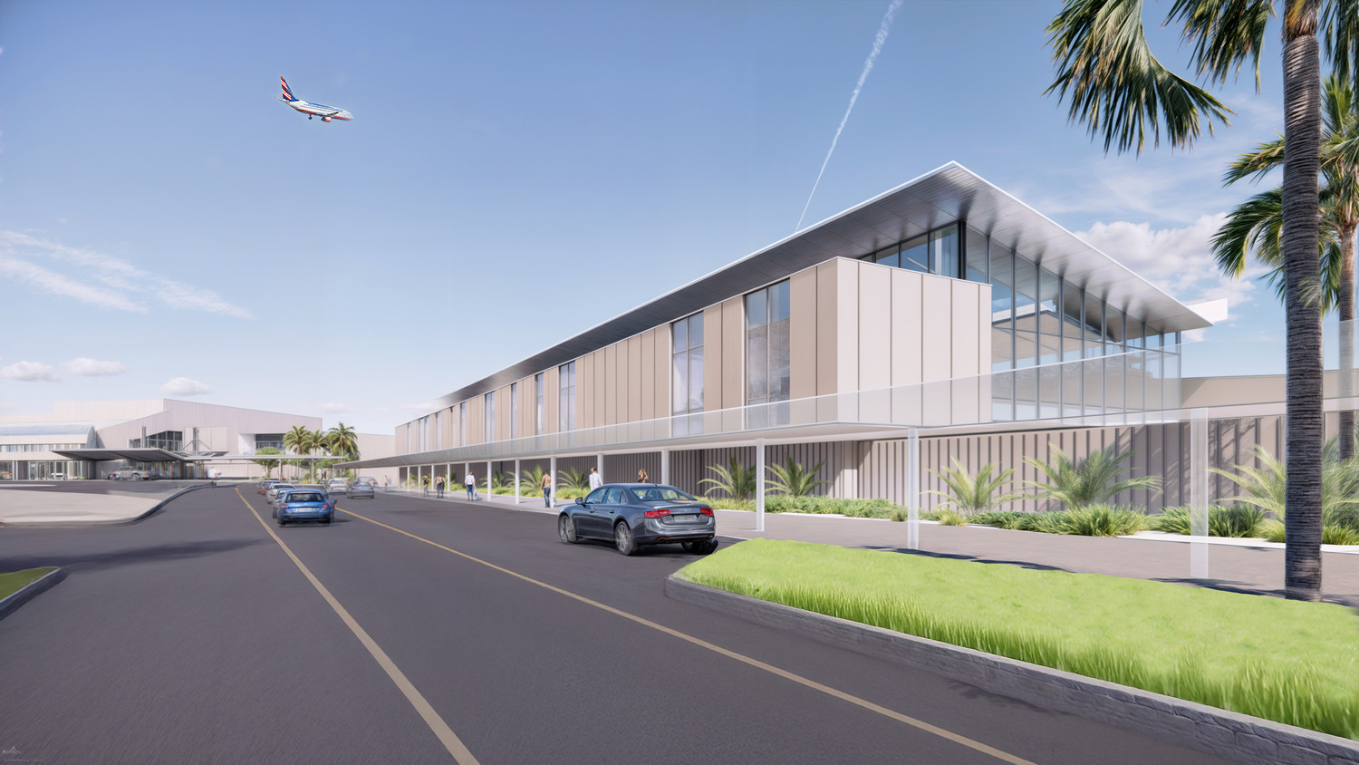 Terminal d'aéroport moderne avec de grandes baies vitrées, des palmiers et des voitures sur la route ; un avion décolle dans le ciel.