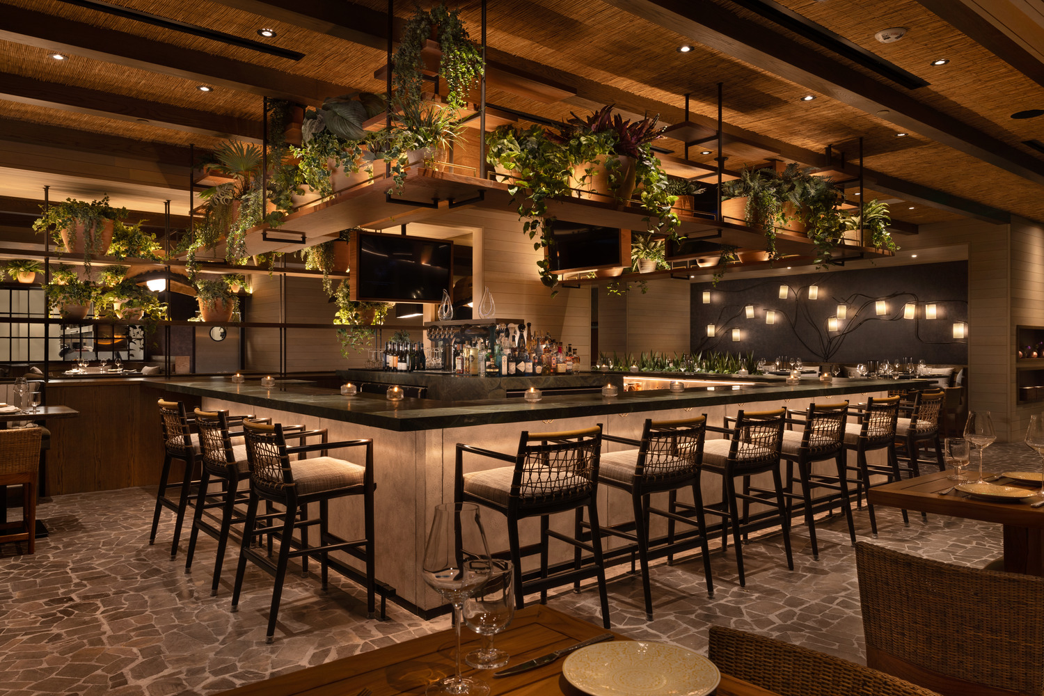 Bar moderne avec des chaises hautes disposées autour d'un comptoir carré, des étagères avec des plantes suspendues, un éclairage chaleureux et un décor contemporain.