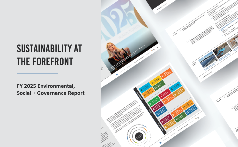An ESG report titled "Sustainability at the Forefront" features the 2025 ESG Report, with pages displaying charts, graphics, and a speaker at a podium, promoting environmental and social responsibility.