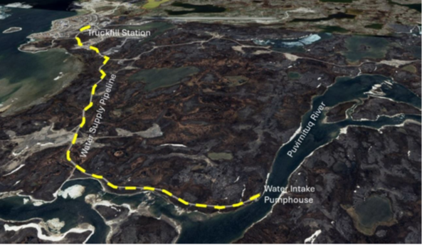 Aerial view with a yellow dashed line showing the route of a water supply pipeline from a water intake pumphouse on the Pupmuka River to the Truckfill Station.