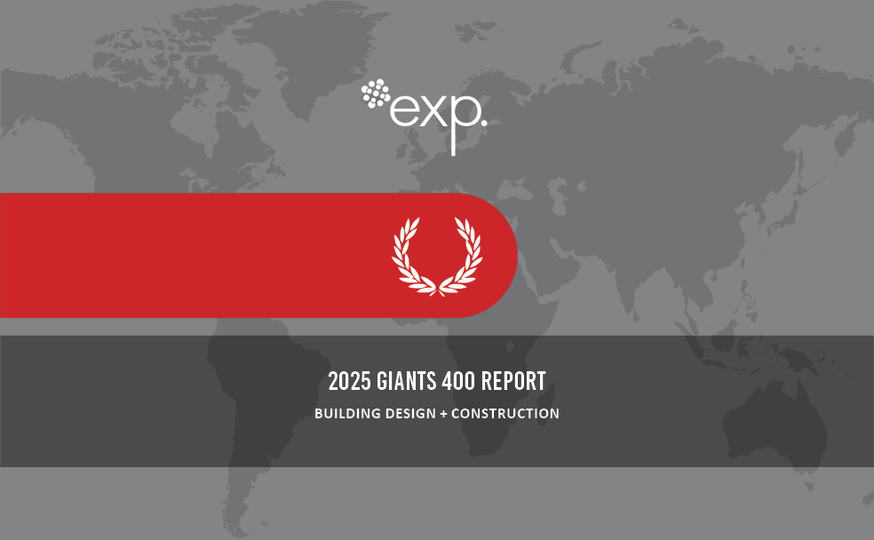 Gray world map background with "exp." logo, laurel symbol on a red banner, and text: "2025 Giants 400 Report, Building Design + Construction" highlighting the prestigious Giants 400 Report.
