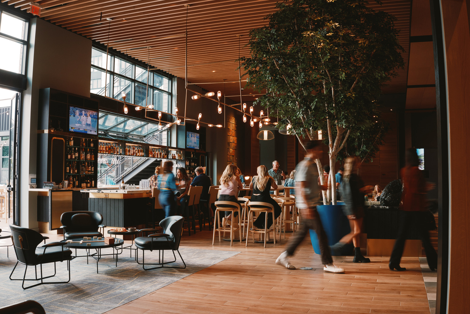 Modern all-electric restaurant interior at Limelight Boulder, with people sitting at tables and bar, some walking, warm lighting, large windows, and a tall indoor tree.