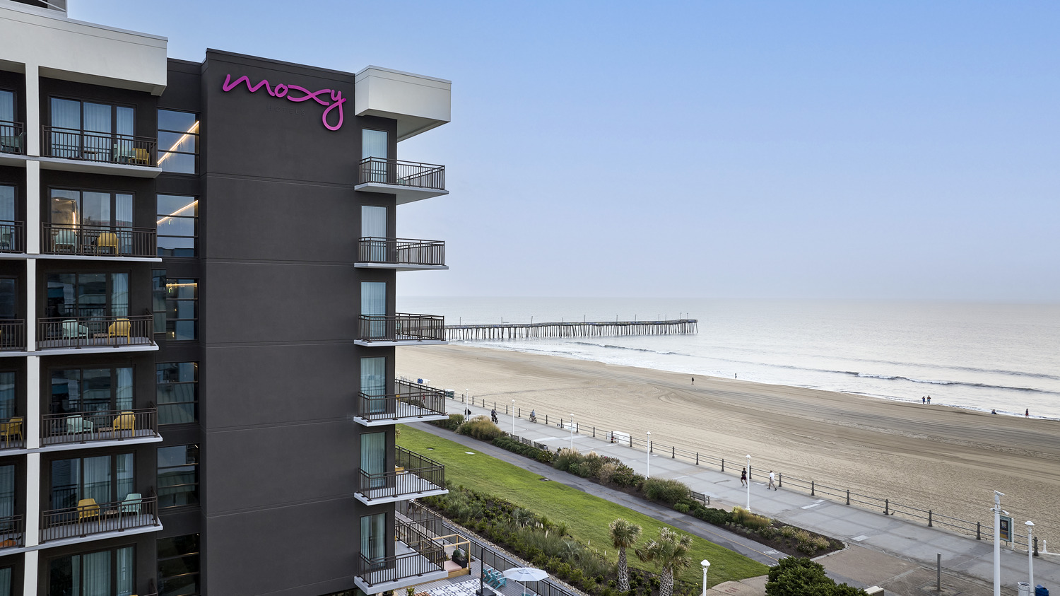 A beachfront hotel building with 