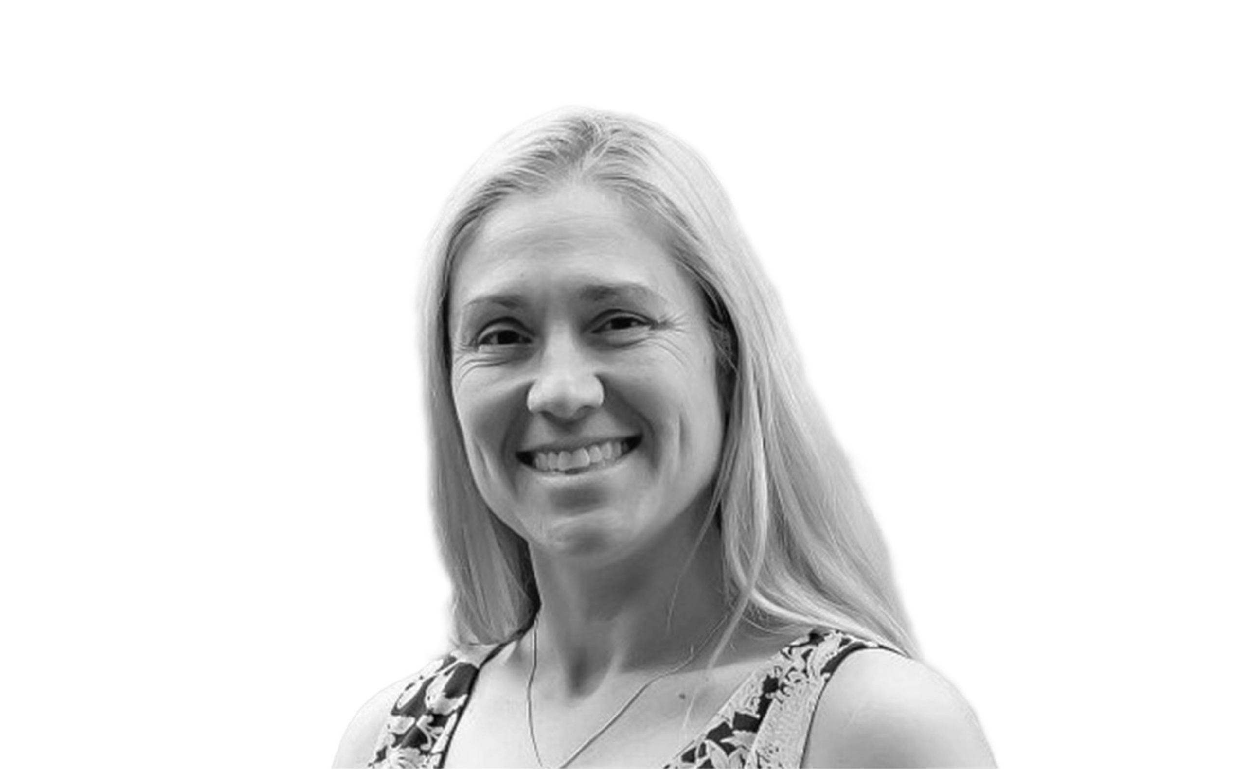 Amy Pastor, a woman with long, light hair, is smiling at the camera. She is wearing a patterned sleeveless top against a plain white background.