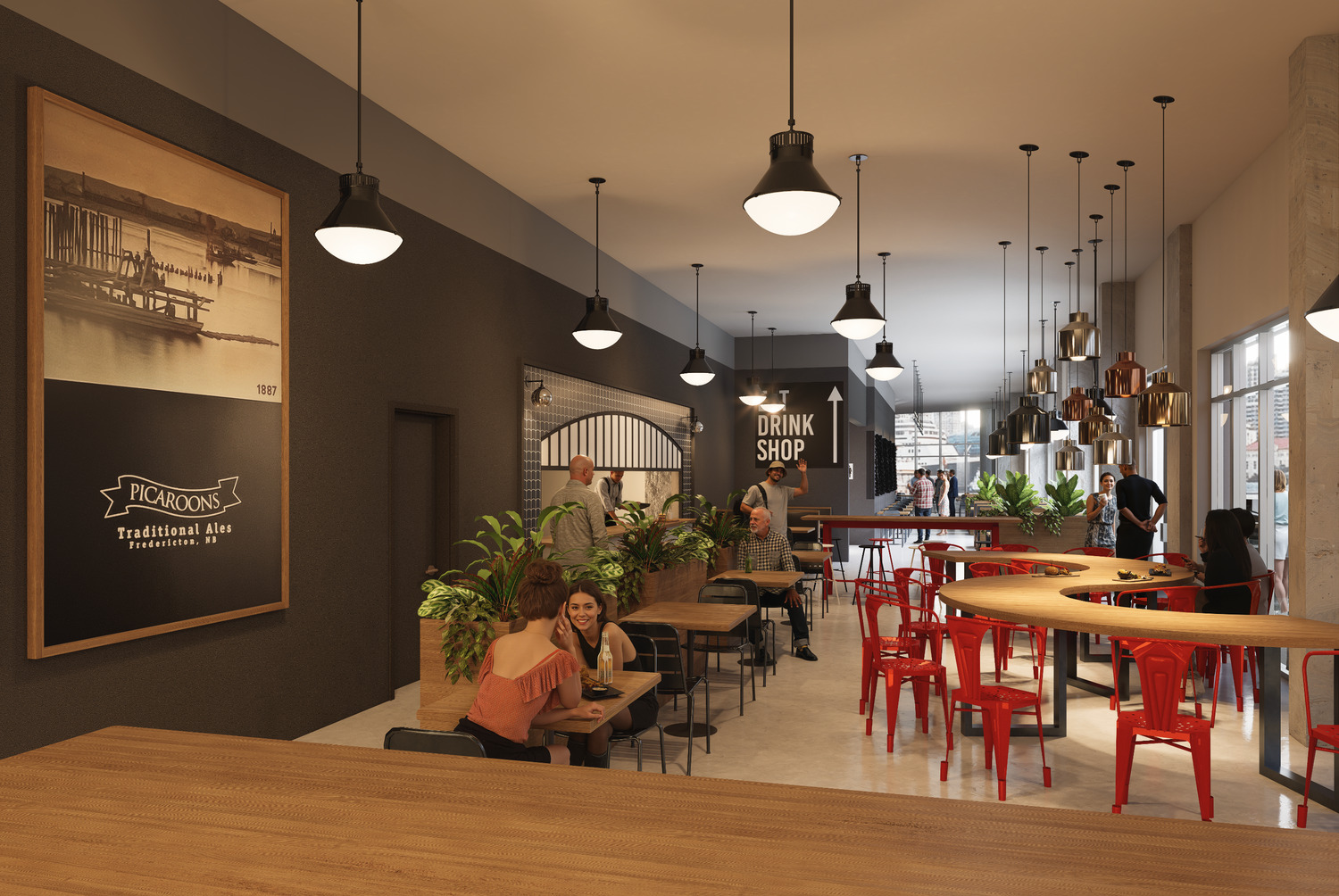 Modern café with wooden tables, red chairs, indoor plants, and people conversing; stylish interior design features large wall art and pendant lights throughout the space.