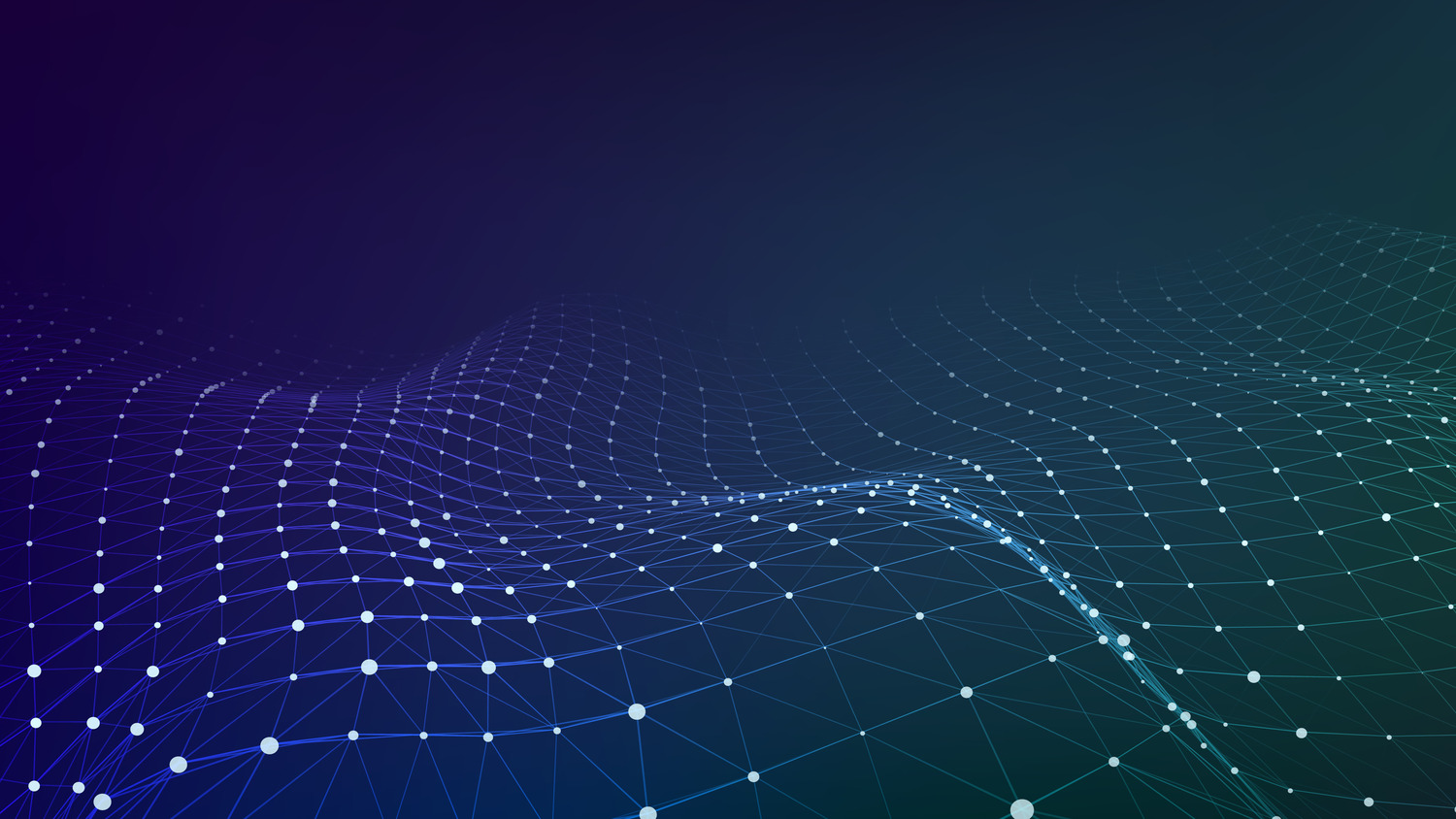 A digital illustration of a 3D grid with connected white dots and lines, forming undulating wave patterns against a dark blue to green gradient background.