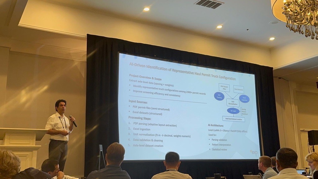 A man stands on stage presenting a slide about AI identification of rail truck configurations to an audience in a conference room.