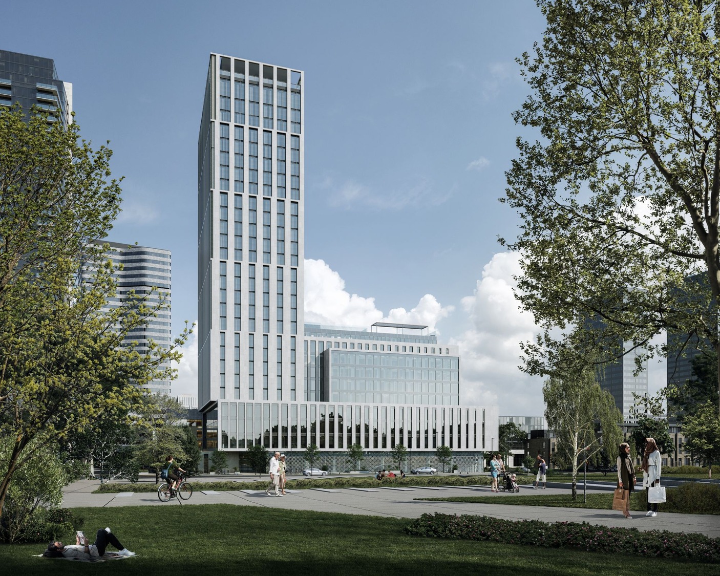 Modern high-rise building with a glass facade, part of Generations Toronto, surrounded by trees and people walking, biking, and relaxing on a grassy park under a partly cloudy sky.