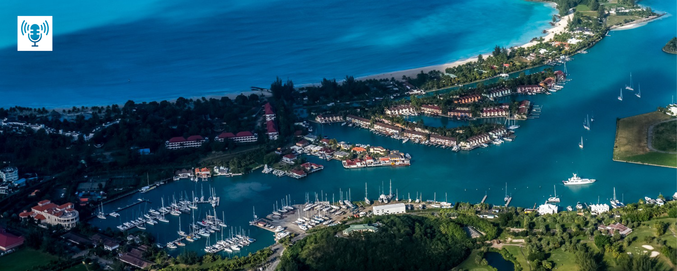 Aerial view of a marina with numerous docks, boats, and waterfront buildings nestled along the picturesque shoreline beside blue ocean water and green landscape.