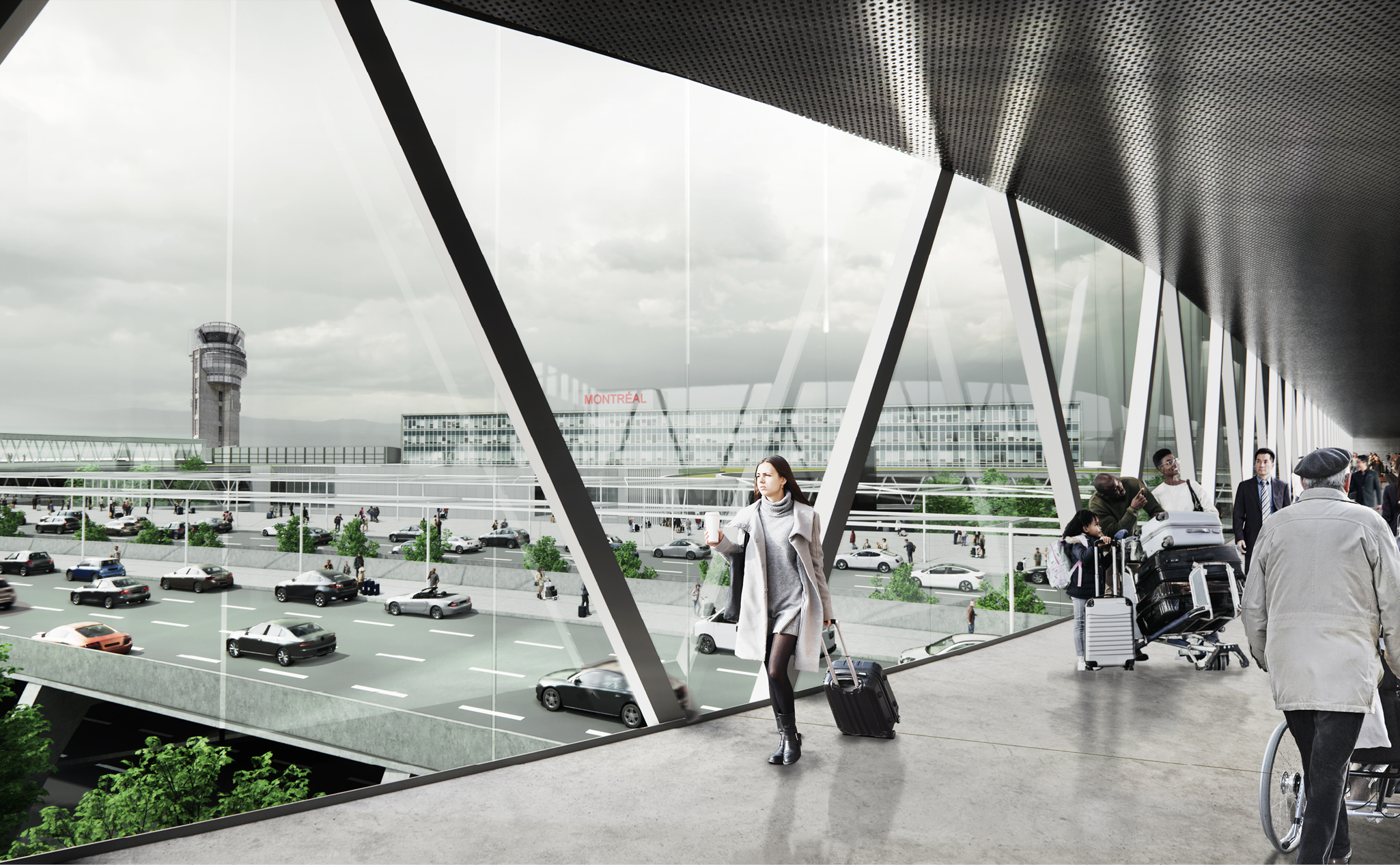 People with luggage walk through a glass-enclosed airport bridge overlooking traffic, parked cars, and a control tower outside on a cloudy day.