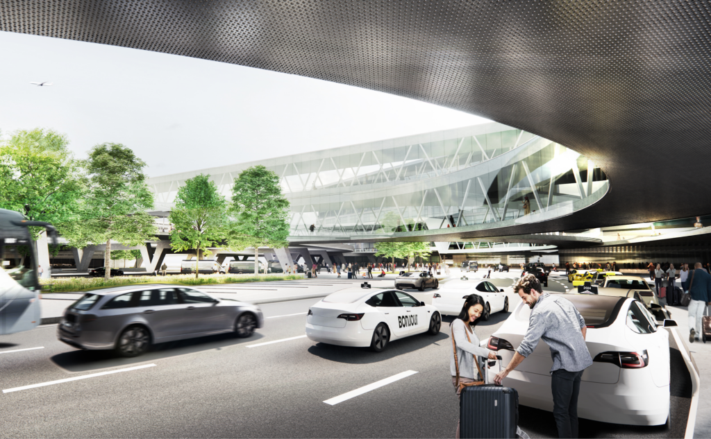 Two people stand with luggage beside a taxi outside a modern airport terminal, with cars and greenery visible in the background.