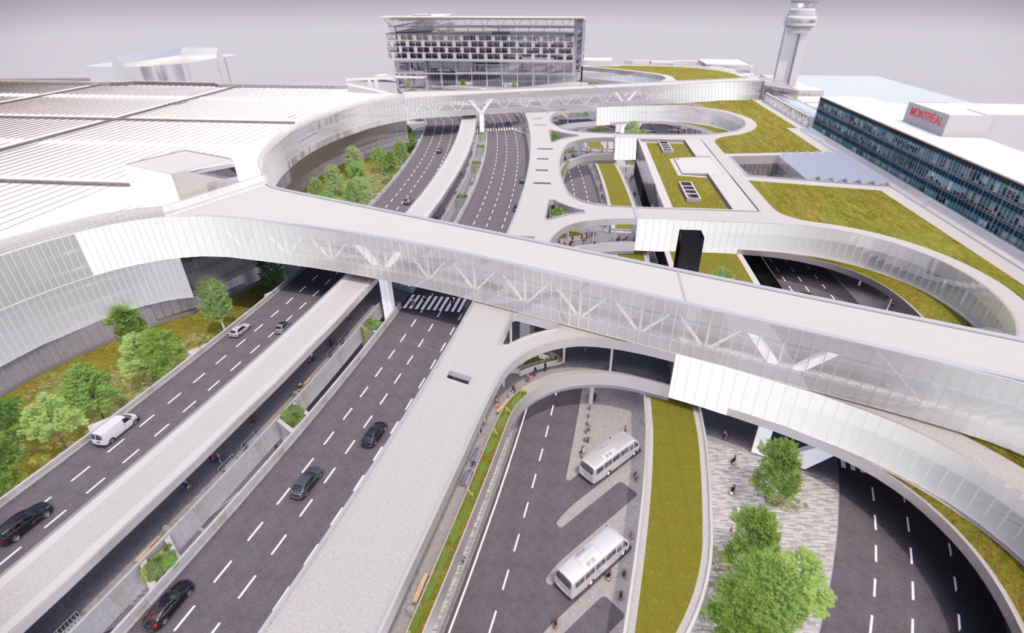 Aerial view of a modern airport terminal with elevated walkways, multiple roadways, cars, buses, landscaped areas, and a control tower in the background.