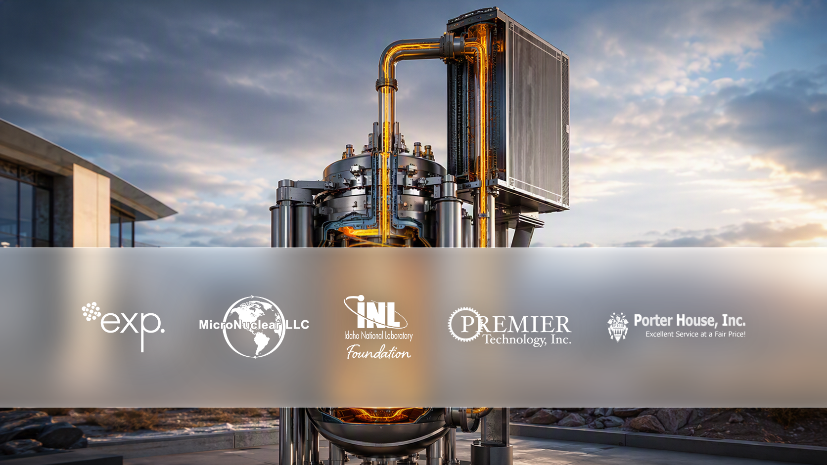 A small Molten Salt Nuclear Battery reactor stands outdoors at dusk, with five company logos—exp., MicroNuclear LLC, INL Foundation, Premier Technology, and Porter House, Inc.—displayed across the image.