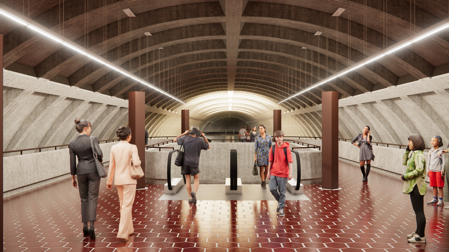 People walk through a subway station showcasing building engineering with a vaulted concrete ceiling and a hexagonal red tile floor.